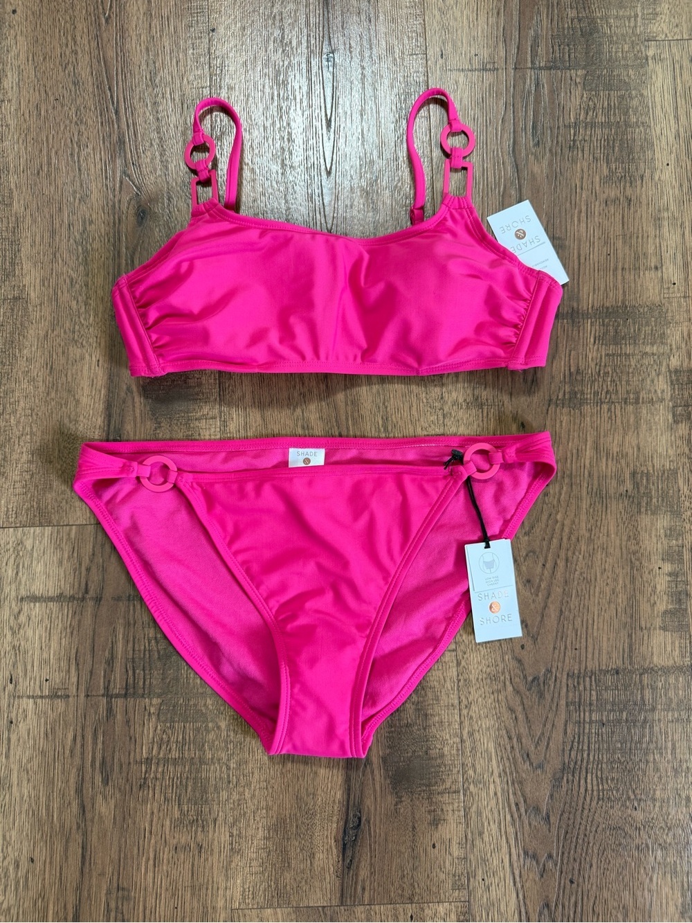 NWT! SHADE & SHORE Neon Pink Ring-Detail Bikini Set Lined Adjustable strap M 36B